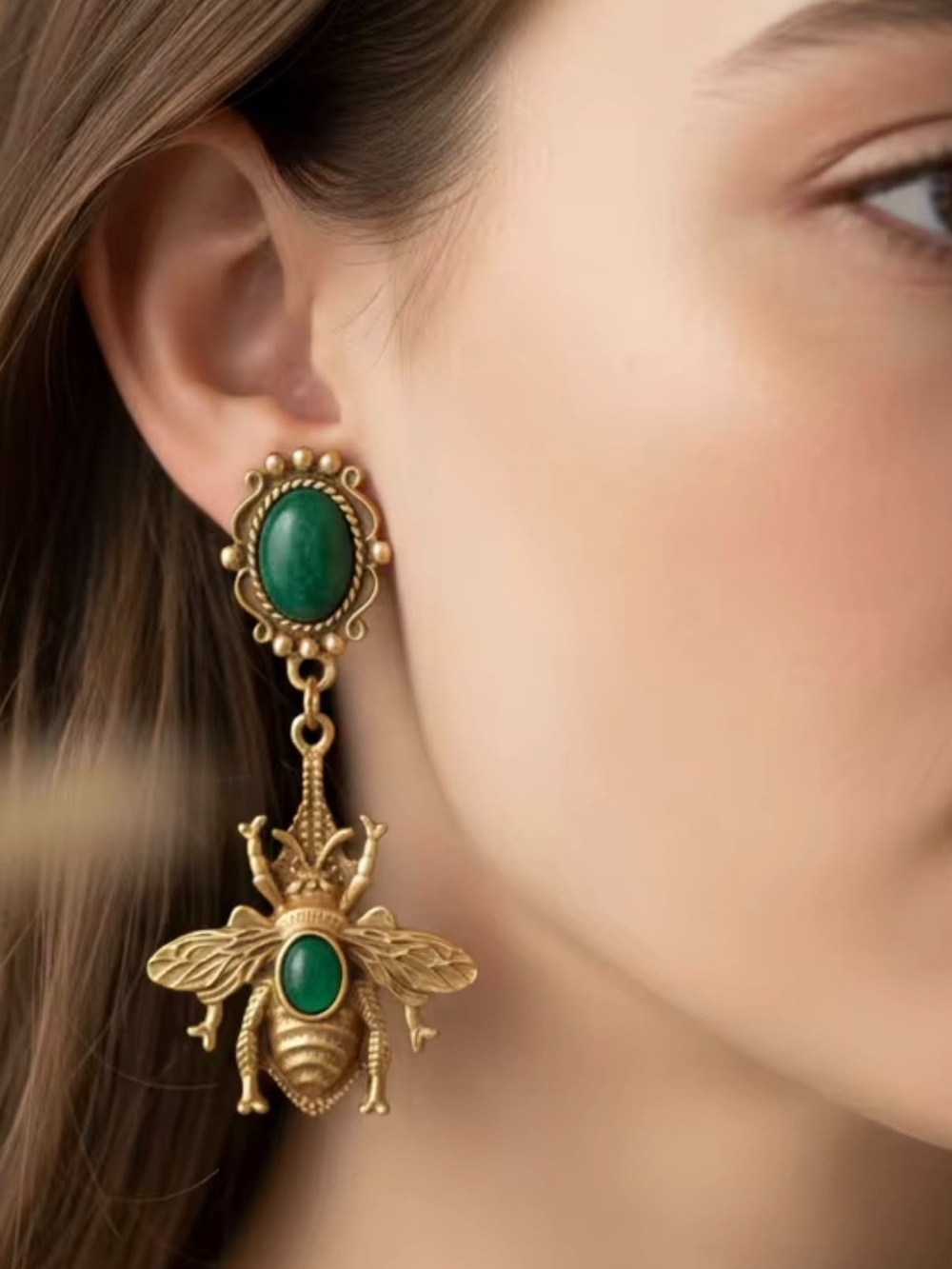 Vintage Gold-Tone Bee Drop Earrings with Green Stone